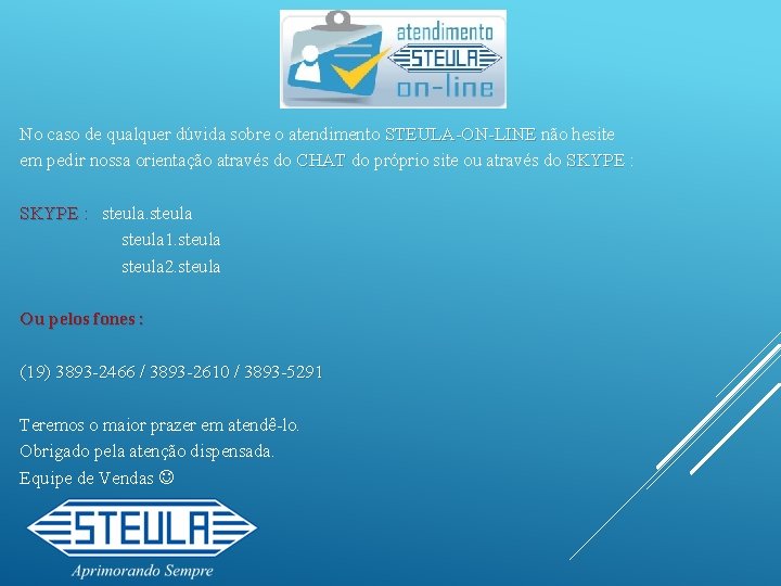 No caso de qualquer dúvida sobre o atendimento STEULA-ON-LINE não hesite em pedir nossa