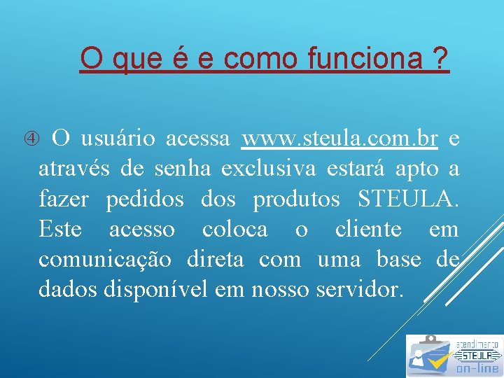 O que é e como funciona ? O usuário acessa www. steula. com. br