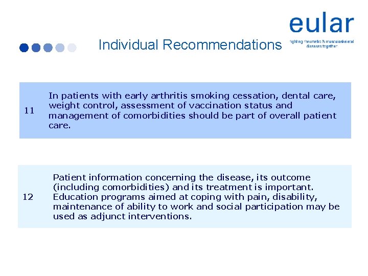 Individual. Recommendations 11 12 In patients with early arthritis smoking cessation, dental care, weight