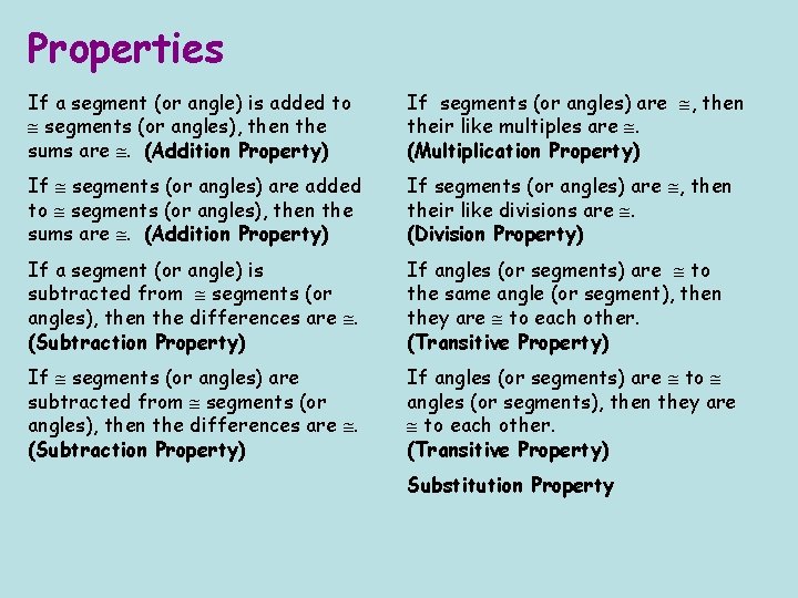 Properties If a segment (or angle) is added to segments (or angles), then the