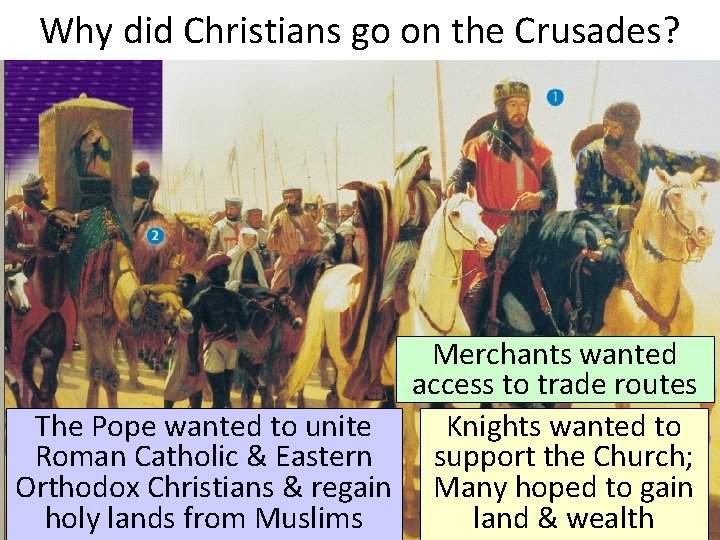 Why did Christians go on the Crusades? Merchants wanted access to trade routes The Why did Christians go on the Crusades? Merchants wanted access to trade routes The