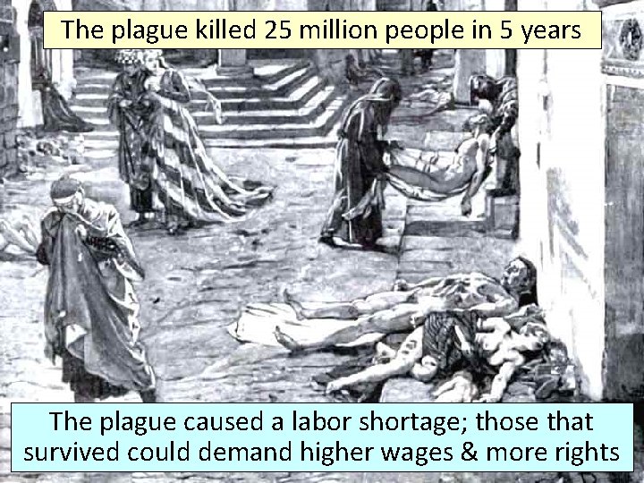 The plague killed 25 million people in 5 years The plague caused a labor The plague killed 25 million people in 5 years The plague caused a labor