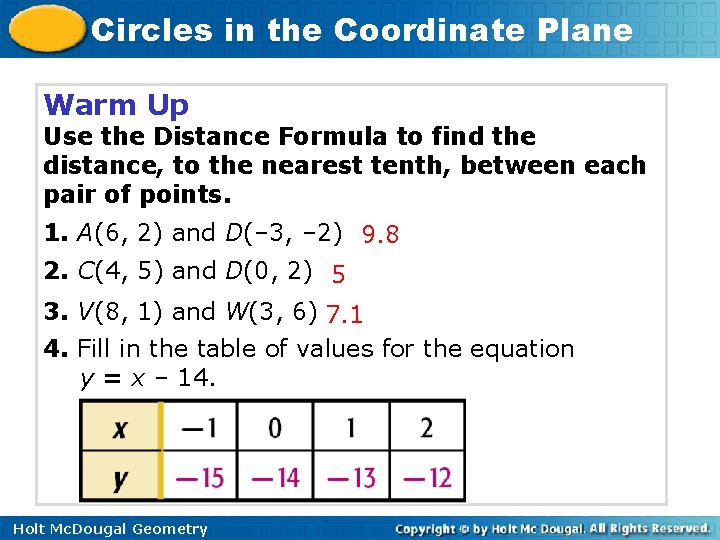 Circles in the Coordinate Plane Warm Up Use the Distance Formula to find the