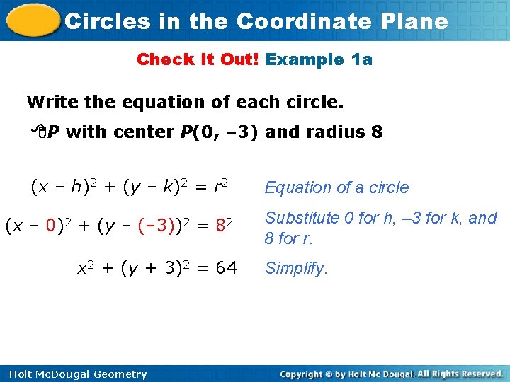 Circles in the Coordinate Plane Check It Out! Example 1 a Write the equation