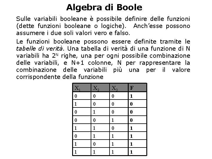 Algebra di Boole Sulle variabili booleane è possibile definire delle funzioni (dette funzioni booleane