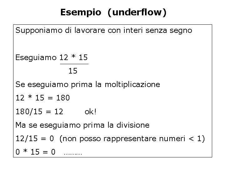 Esempio (underflow) Supponiamo di lavorare con interi senza segno Eseguiamo 12 * 15 15