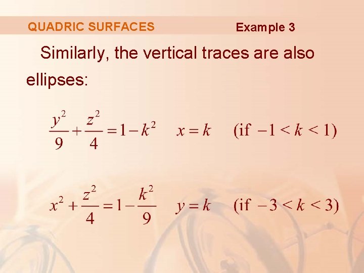 QUADRIC SURFACES Example 3 Similarly, the vertical traces are also ellipses: 