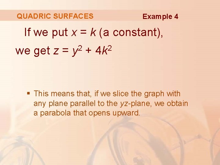 QUADRIC SURFACES Example 4 If we put x = k (a constant), we get