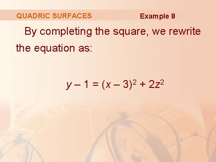 QUADRIC SURFACES Example 8 By completing the square, we rewrite the equation as: y