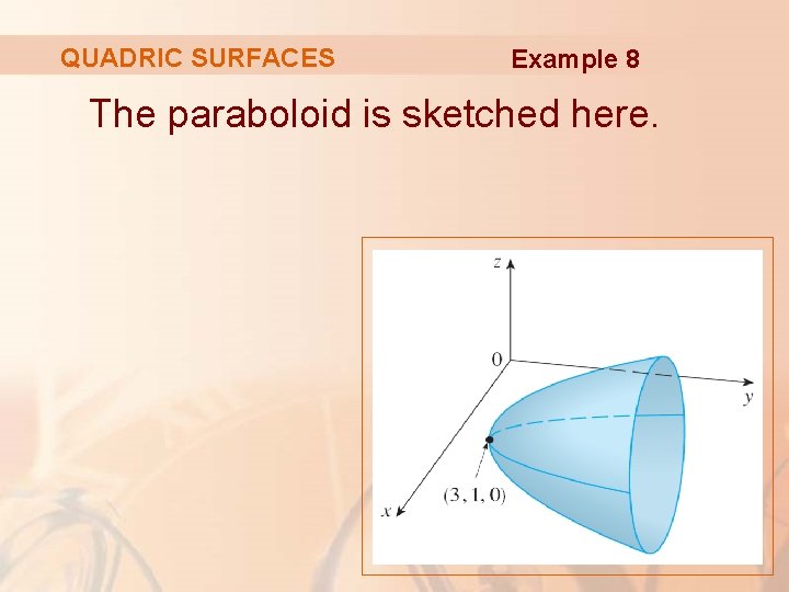 QUADRIC SURFACES Example 8 The paraboloid is sketched here. 