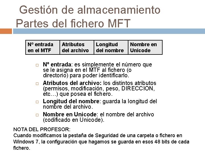 Gestión de almacenamiento Partes del fichero MFT Nº entrada en el MTF Atributos del Gestión de almacenamiento Partes del fichero MFT Nº entrada en el MTF Atributos del