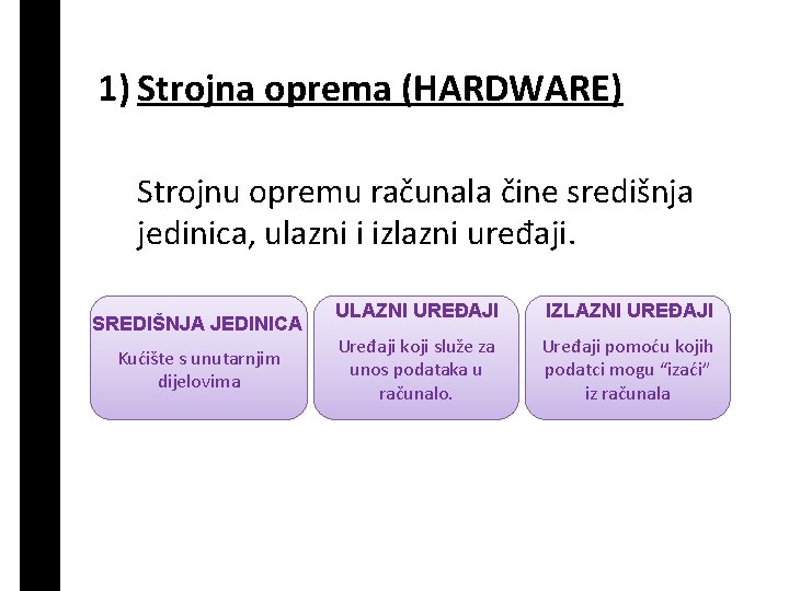 1) Strojna oprema (HARDWARE) Strojnu opremu računala čine središnja jedinica, ulazni i izlazni uređaji.