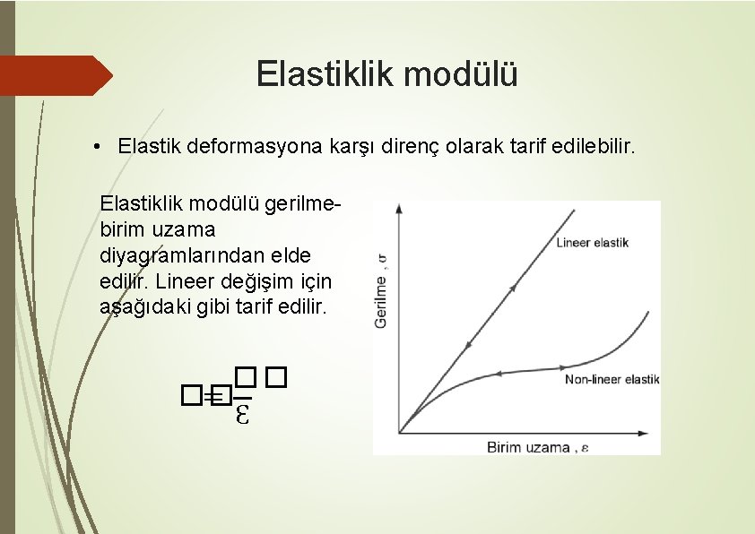 Elastiklik modülü • Elastik deformasyona karşı direnç olarak tarif edilebilir. Elastiklik modülü gerilmebirim uzama