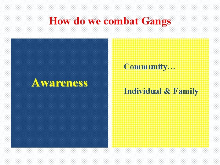 How do we combat Gangs Community… Awareness Individual & Family 