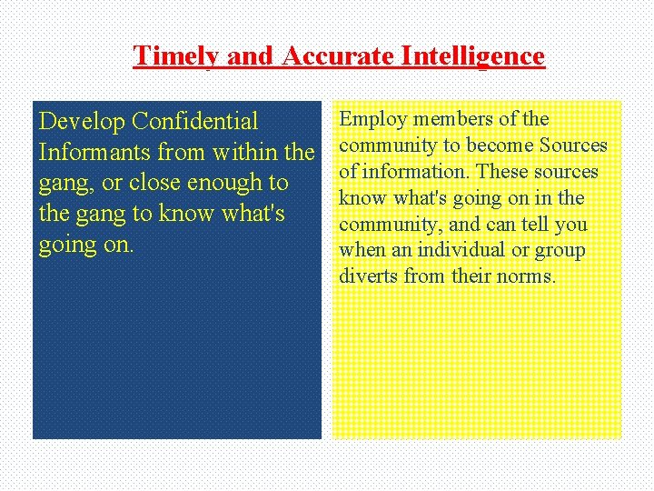 Timely and Accurate Intelligence Develop Confidential Informants from within the gang, or close enough