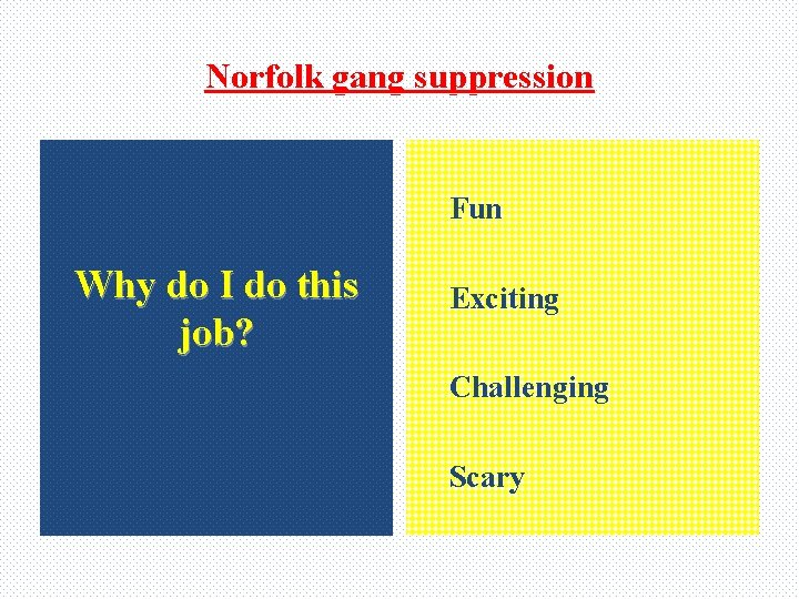 Norfolk gang suppression Fun Why do I do this job? Exciting Challenging Scary 