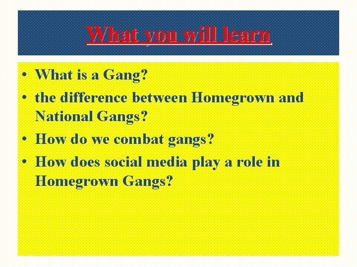 What you will learn • What is a Gang? • the difference between Homegrown