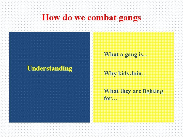 How do we combat gangs What a gang is. . . Understanding Why kids