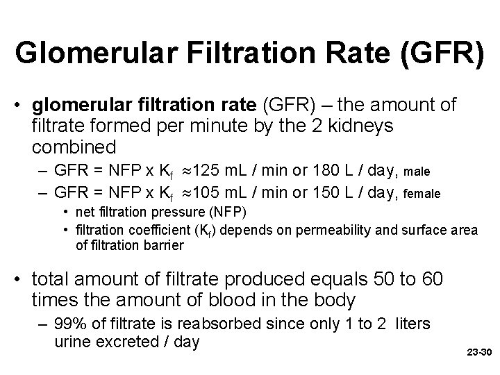 Glomerular Filtration Rate (GFR) • glomerular filtration rate (GFR) – the amount of filtrate