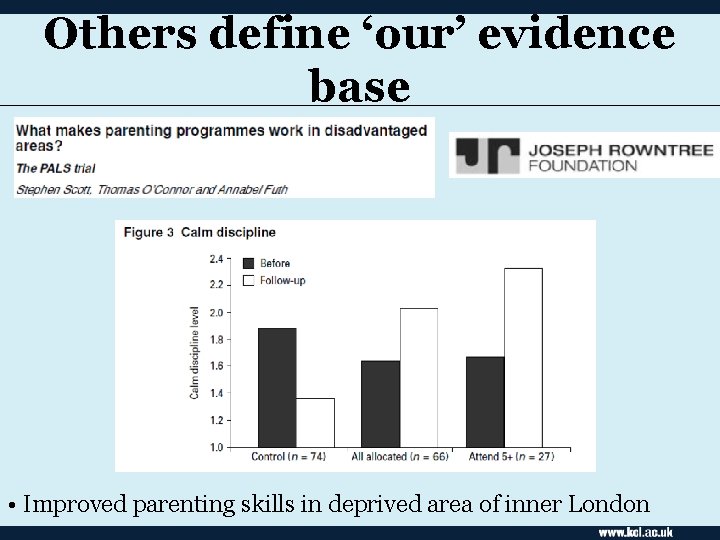 Others define ‘our’ evidence base • Improved parenting skills in deprived area of inner