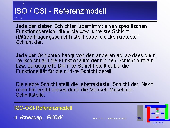ISO / OSI - Referenzmodell Jede der sieben Schichten übernimmt einen spezifischen Funktionsbereich; die ISO / OSI - Referenzmodell Jede der sieben Schichten übernimmt einen spezifischen Funktionsbereich; die