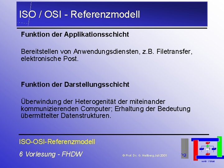 ISO / OSI - Referenzmodell Funktion der Applikationsschicht Bereitstellen von Anwendungsdiensten, z. B. Filetransfer,