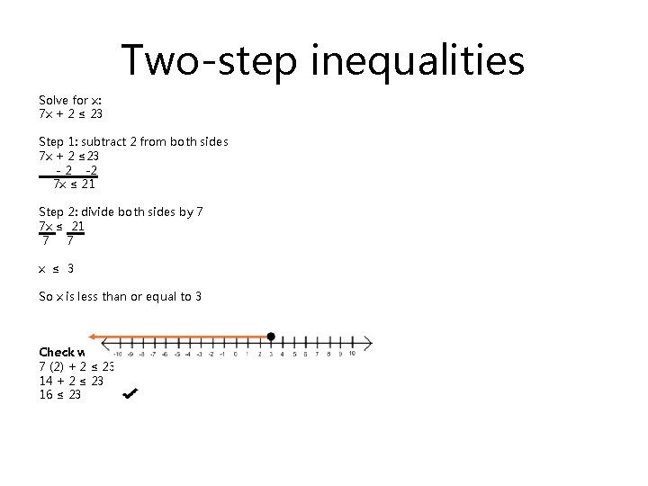 Two-step inequalities Solve for x: 7 x + 2 ≤ 23 Step 1: subtract