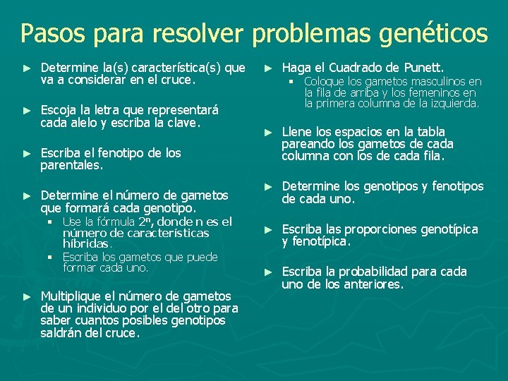 Pasos para resolver problemas genéticos ► Determine la(s) característica(s) que va a considerar en