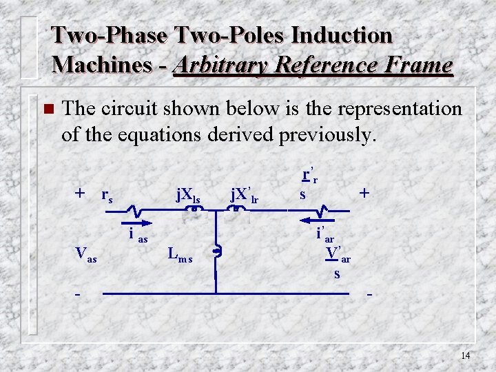 Two-Phase Two-Poles Induction Machines - Arbitrary Reference Frame n The circuit shown below is