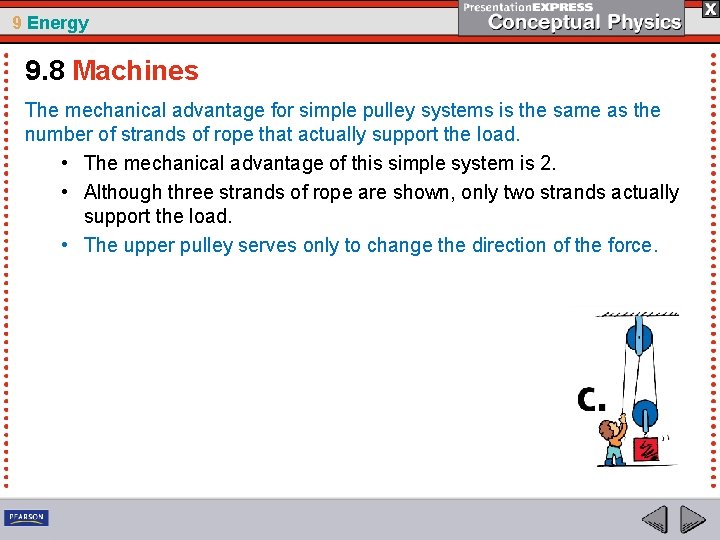 9 Energy 9. 8 Machines The mechanical advantage for simple pulley systems is the