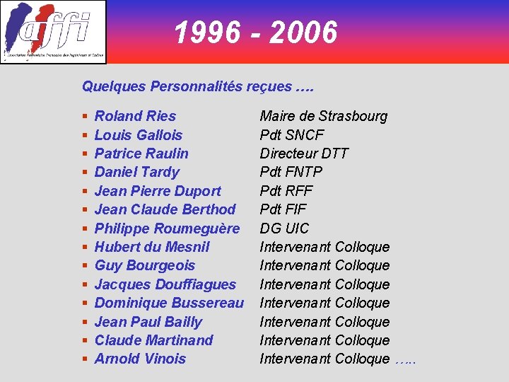 1996 - 2006 Quelques Personnalités reçues …. § § § § Roland Ries Louis