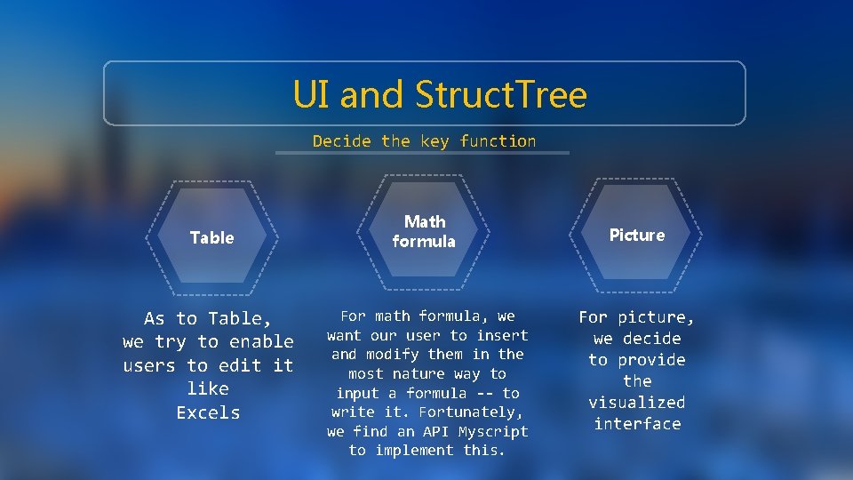 UI and Struct. Tree Decide the key function Table As to Table, we try