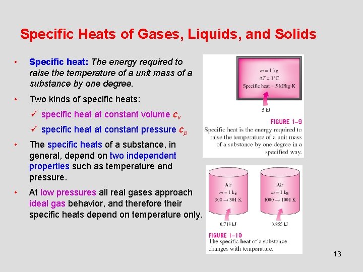 Specific Heats of Gases, Liquids, and Solids • Specific heat: The energy required to