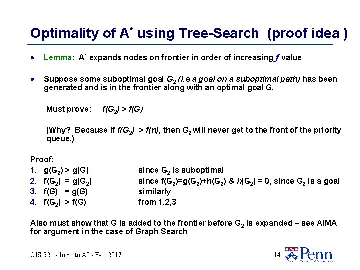Optimality of A* using Tree-Search (proof idea ) · Lemma: A* expands nodes on