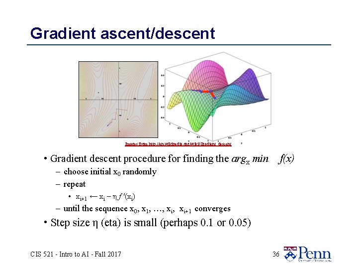 Gradient ascent/descent Images from http: //en. wikipedia. org/wiki/Gradient_descent f(x) • Gradient descent procedure for