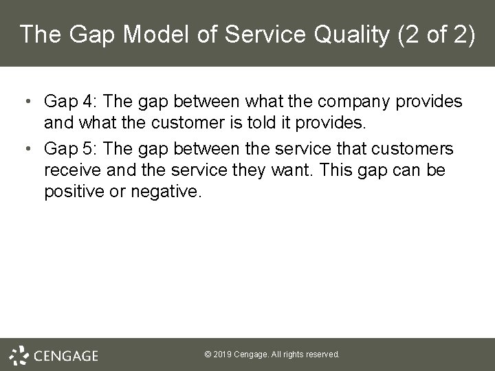 The Gap Model of Service Quality (2 of 2) • Gap 4: The gap