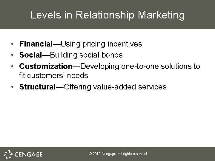Levels in Relationship Marketing • Financial—Using pricing incentives • Social—Building social bonds • Customization—Developing