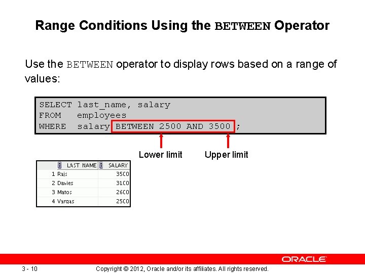 Range Conditions Using the BETWEEN Operator Use the BETWEEN operator to display rows based