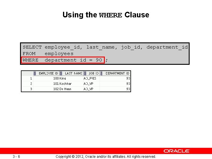 Using the WHERE Clause SELECT employee_id, last_name, job_id, department_id FROM employees WHERE department_id =