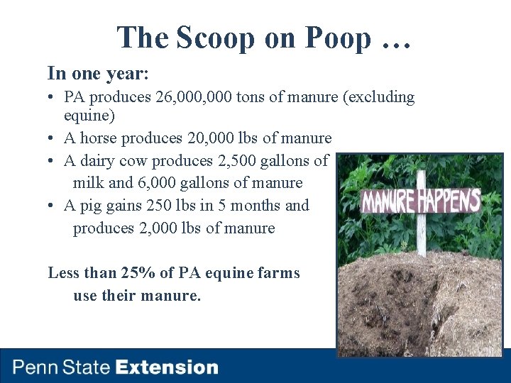 The Scoop on Poop … In one year: • PA produces 26, 000 tons