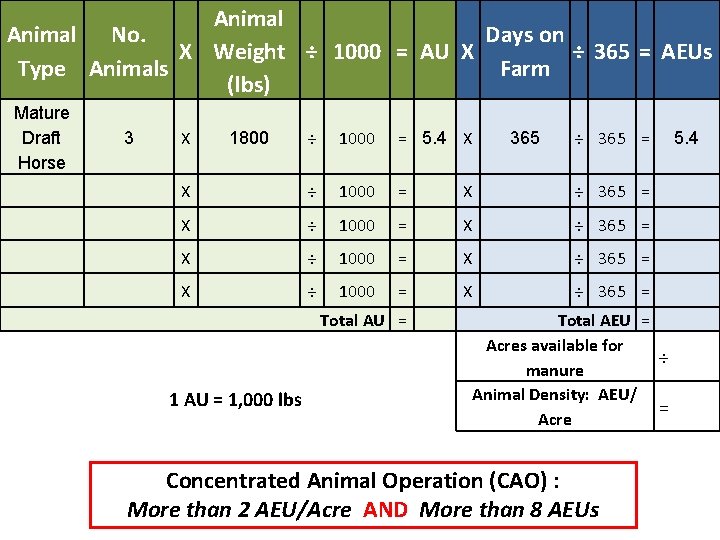 Animal No. Days on X Weight ÷ 1000 = AU X ÷ 365 =