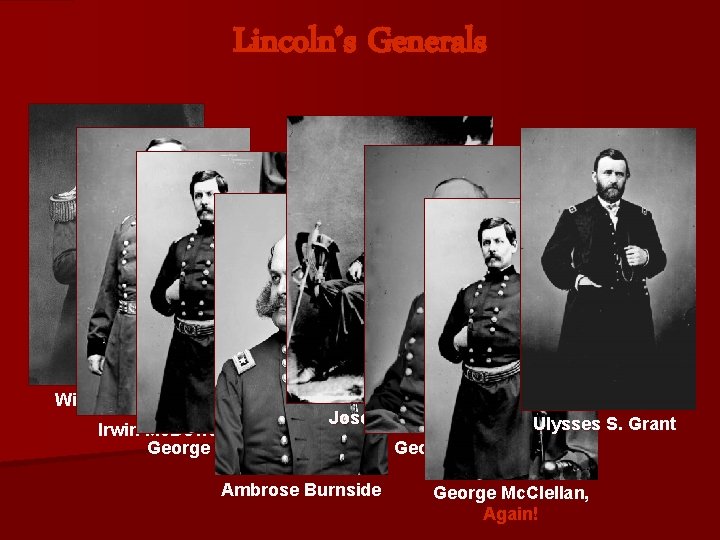 Lincoln’s Generals Winfield Scott Irwin Mc. Dowell George Mc. Clellan Joseph Hooker Ambrose Burnside