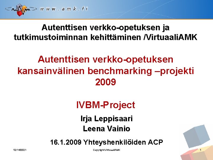 Autenttisen verkko-opetuksen ja tutkimustoiminnan kehittäminen /Virtuaali. AMK Autenttisen verkko-opetuksen kansainvälinen benchmarking –projekti 2009 IVBM-Project