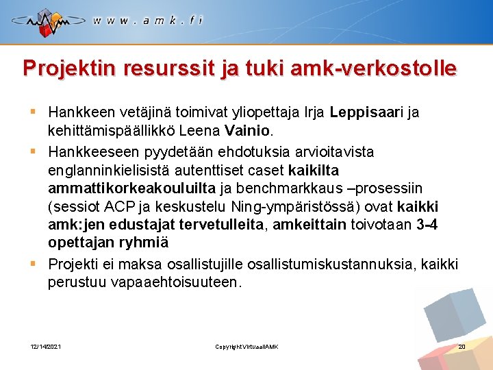 Projektin resurssit ja tuki amk-verkostolle § Hankkeen vetäjinä toimivat yliopettaja Irja Leppisaari ja kehittämispäällikkö
