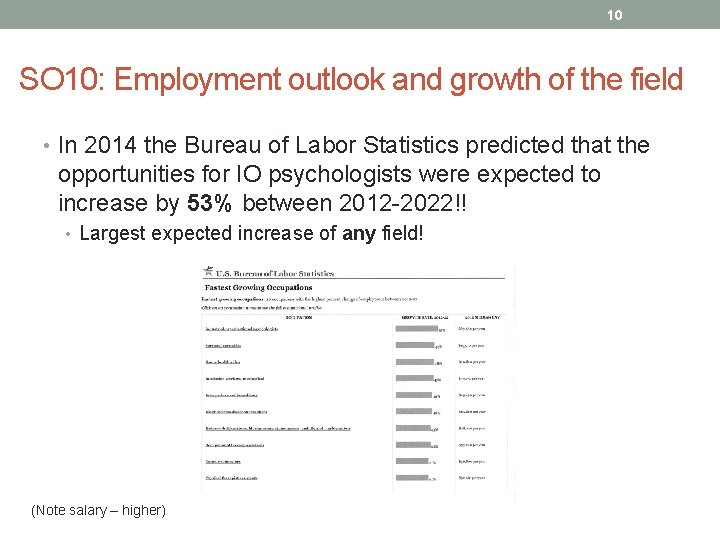 10 SO 10: Employment outlook and growth of the field • In 2014 the