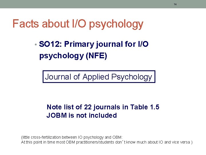14 Facts about I/O psychology • SO 12: Primary journal for I/O psychology (NFE)