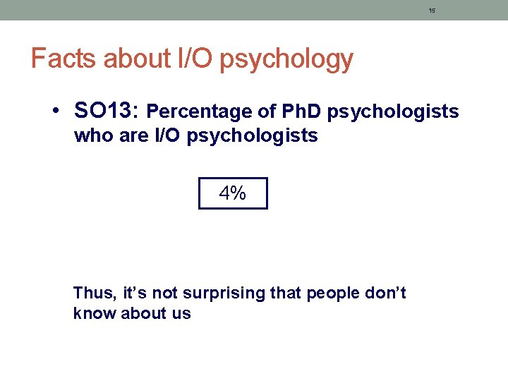 15 Facts about I/O psychology • SO 13: Percentage of Ph. D psychologists who