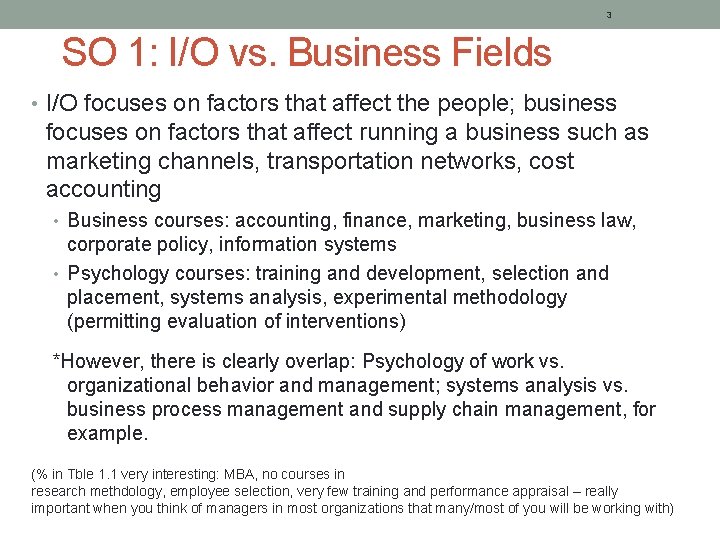 3 SO 1: I/O vs. Business Fields • I/O focuses on factors that affect