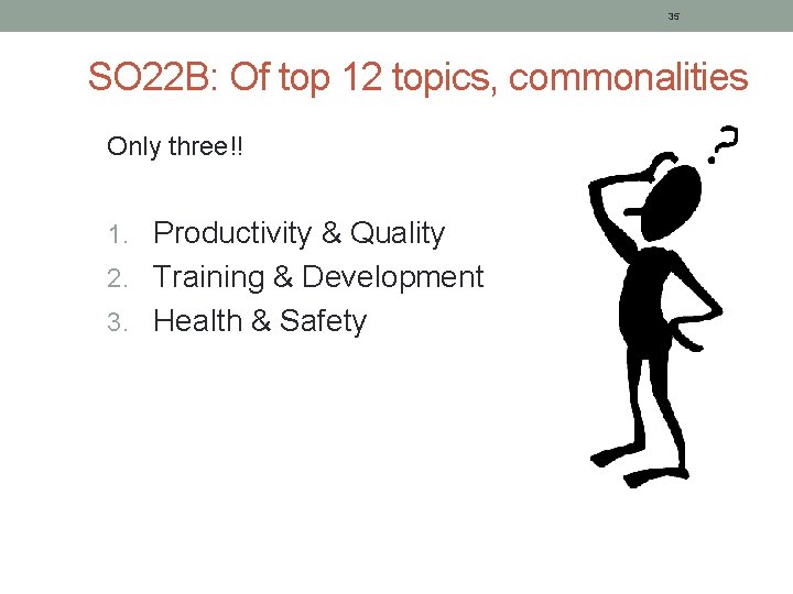 35 SO 22 B: Of top 12 topics, commonalities Only three!! 1. Productivity &