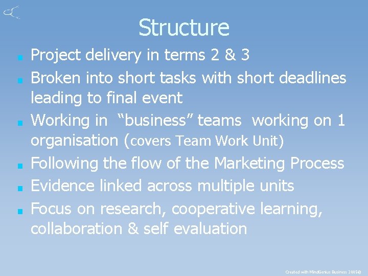 Structure ■ ■ ■ Project delivery in terms 2 & 3 Broken into short